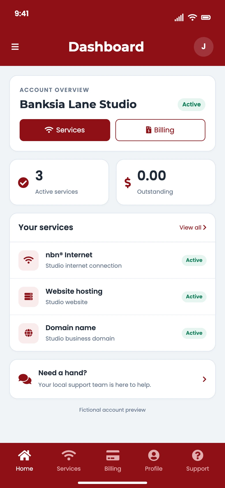 Nexus dashboard preview for fictional business Banksia Lane Studio, showing three active services: nbn Internet, website hosting and a domain name, plus billing and support.